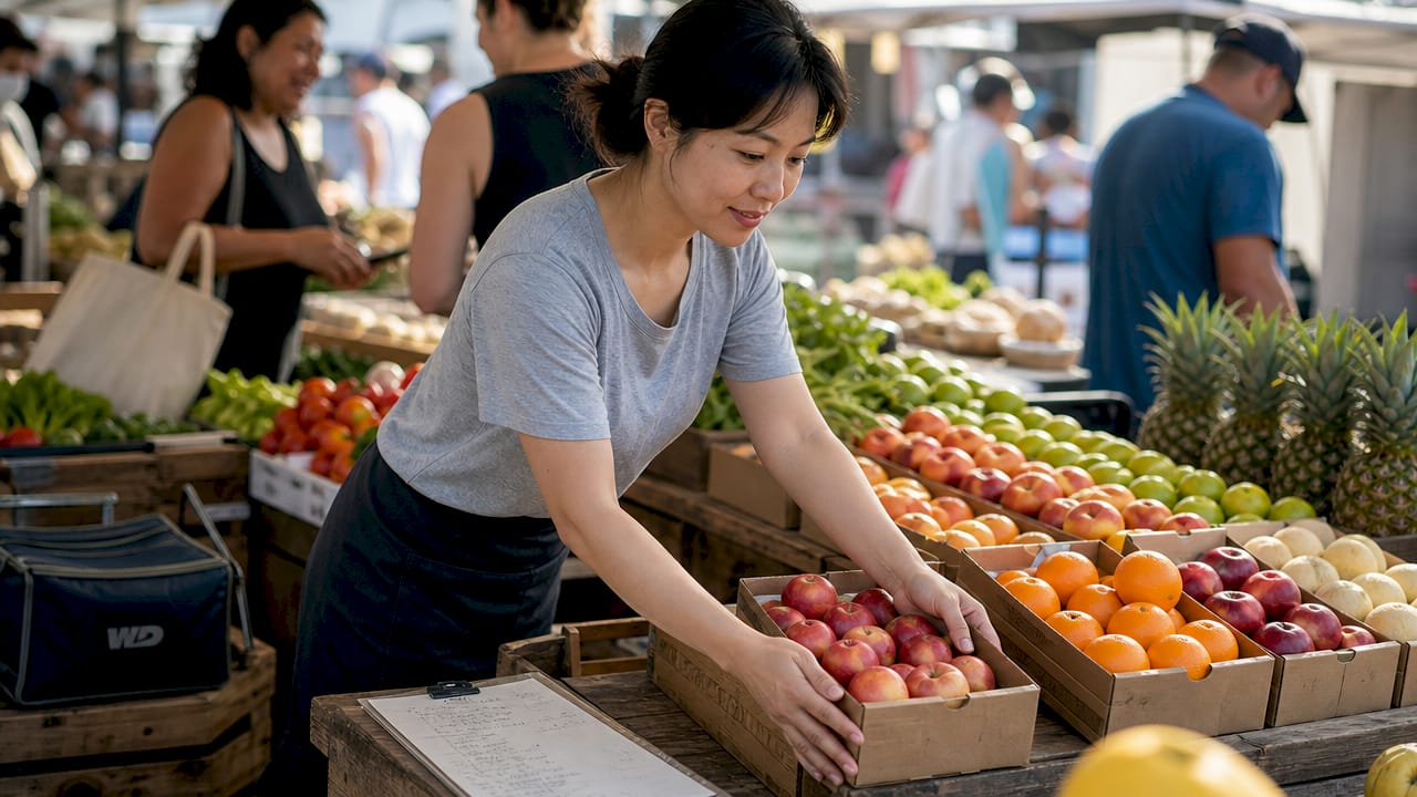 Stock clerk organizing produce on store shelves