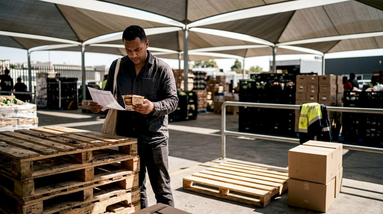 Wholesaler inspecting branded food packaging in warehouse