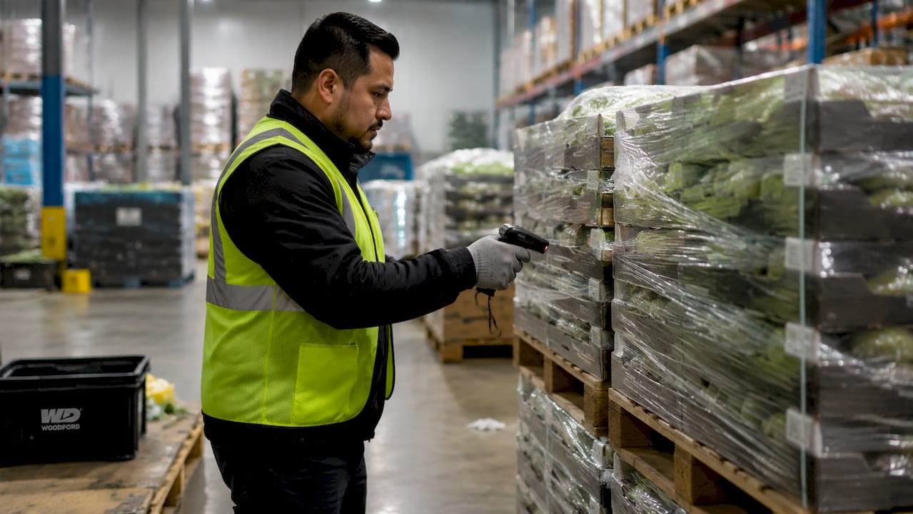 Logistics worker scanning food pallets in warehouse