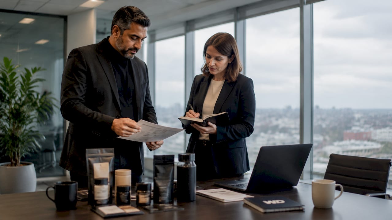 Brand manager and retailer discussing product at meeting table