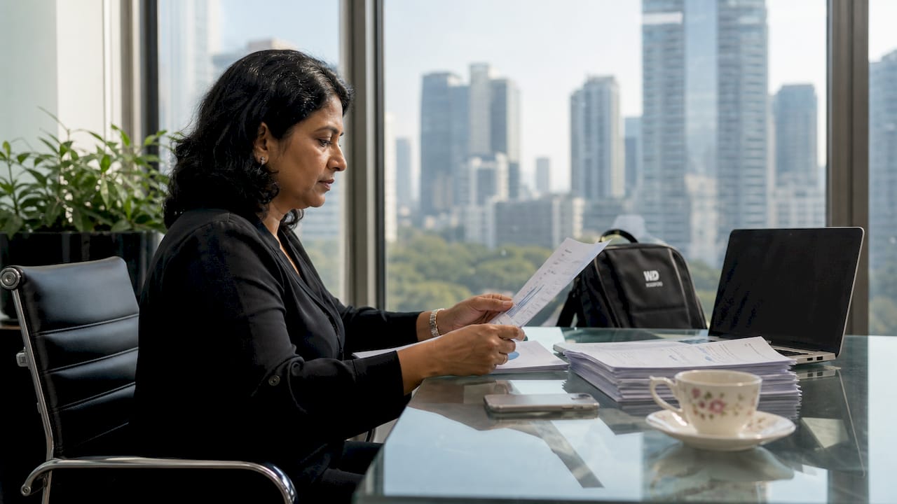 Woman reviewing inventory management reports in office