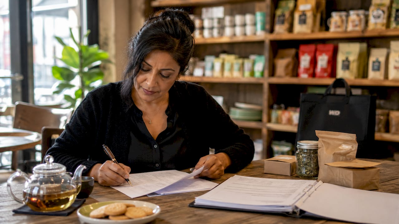 Shop manager reviewing food stock inventory paperwork