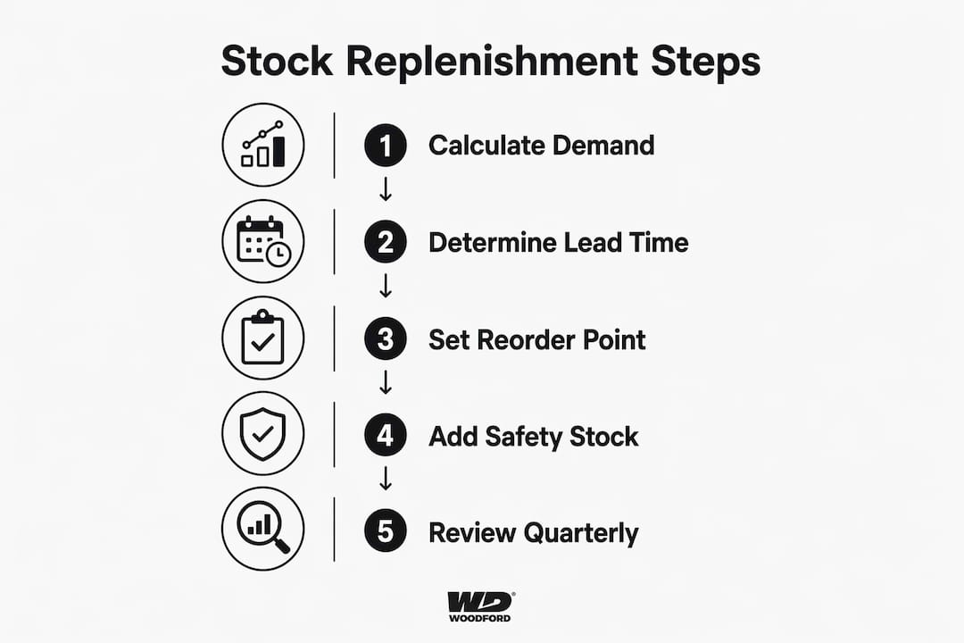 Infographic illustrating stock replenishment steps