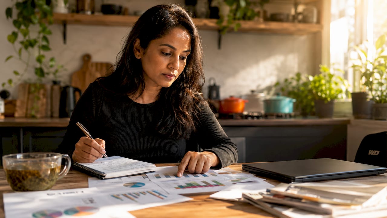 Woman reviewing seasonal sales charts at desk