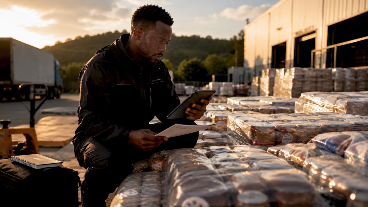 Supply chain manager overseeing food wholesale inventory in warehouse