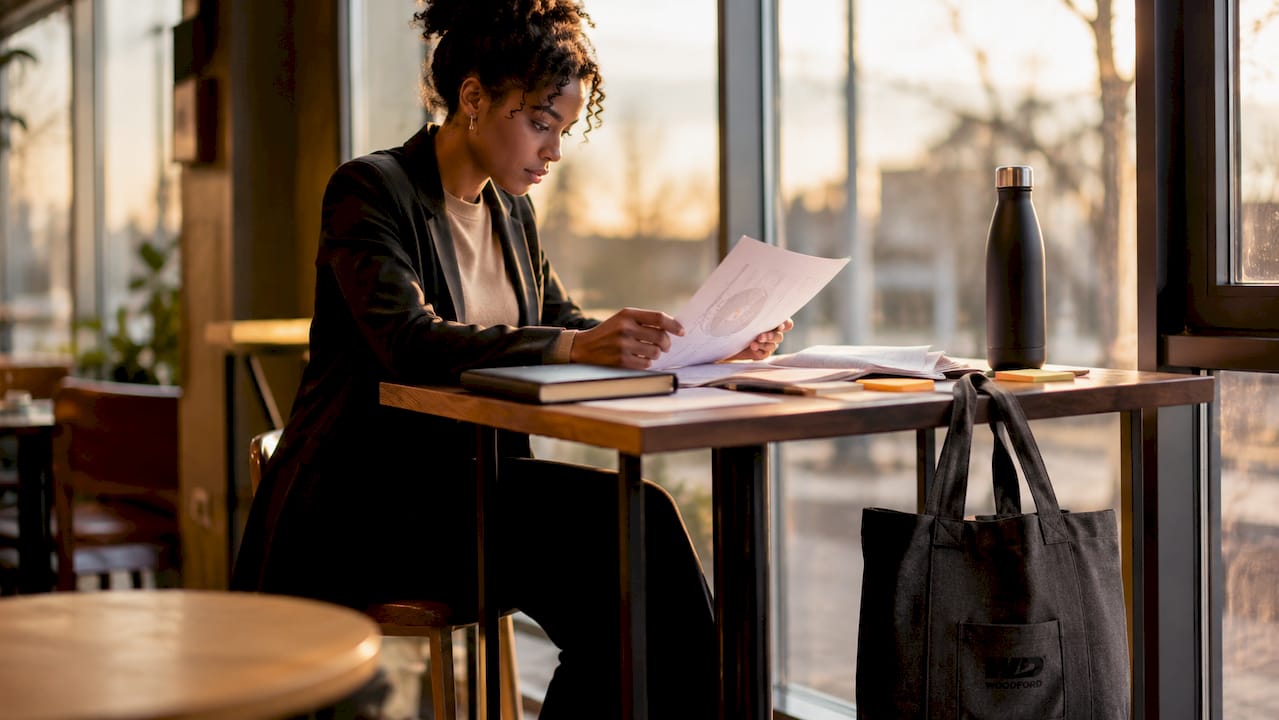 Woman reviewing ethical brand reports in café