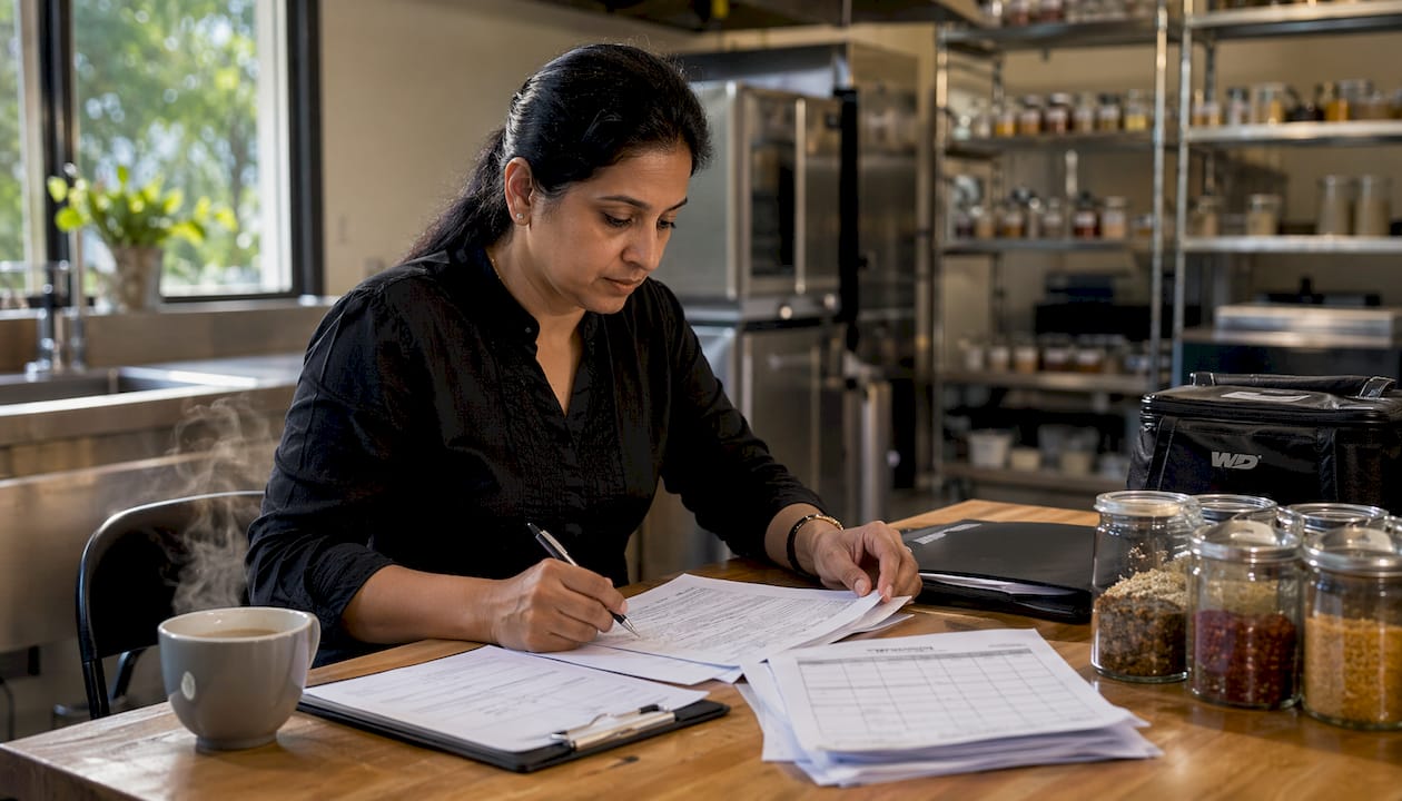 Manager reviewing HACCP compliance documents