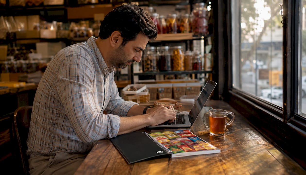 Category manager reviewing snack brands on laptop