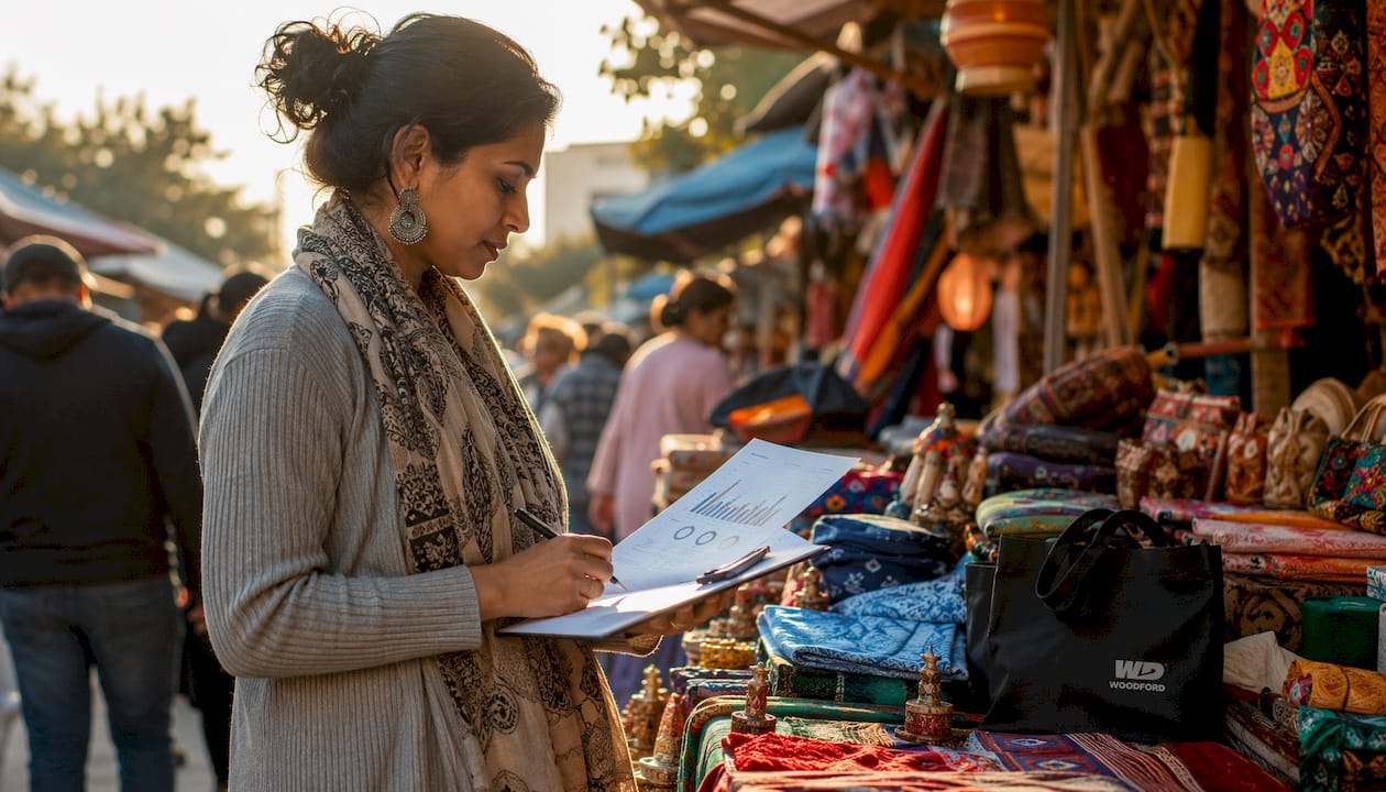 Retail buyer reviewing sales data at desk
