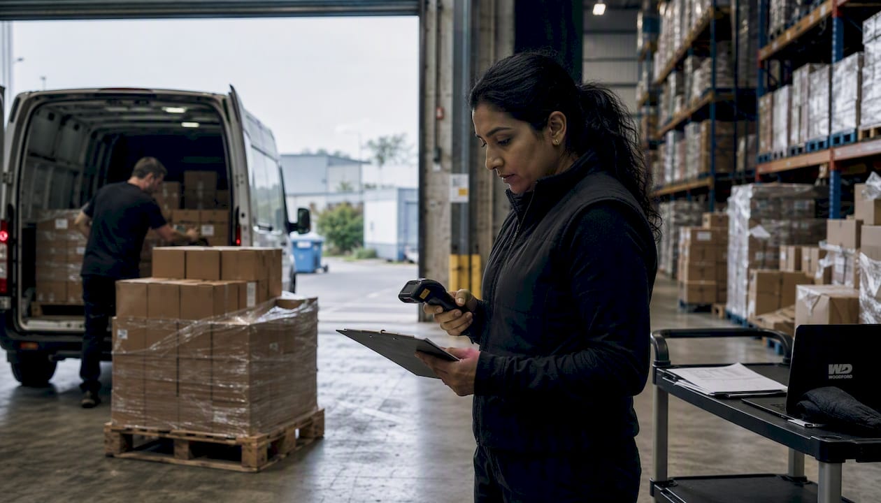 Logistics manager scanning fine food boxes at warehouse
