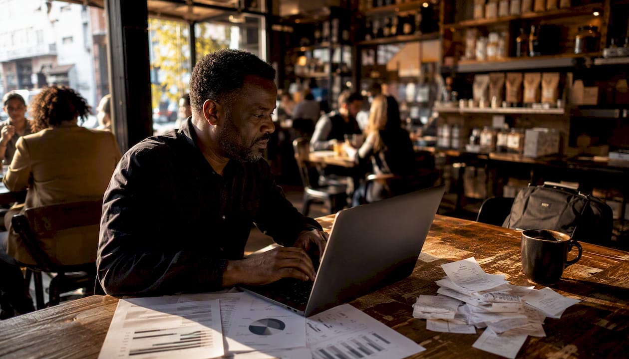 Retailer using laptop with sales reports and POS