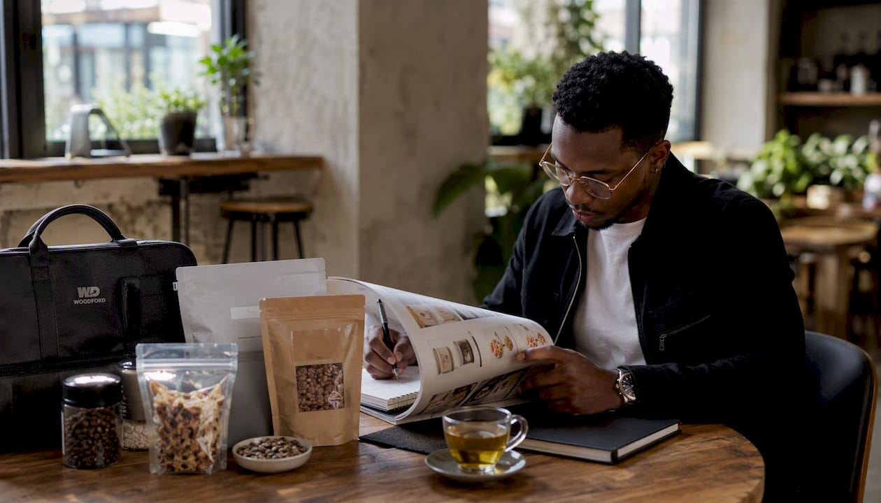Retailer reviewing wholesale catalogue at desk