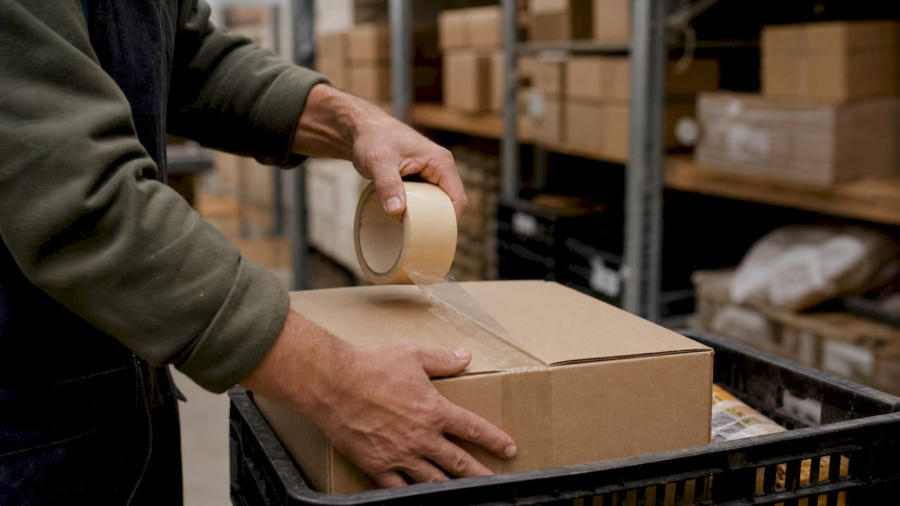 Hands packing food boxes in warehouse