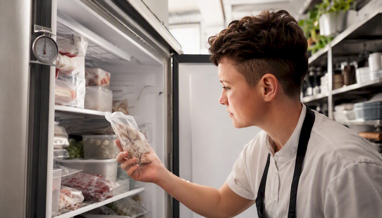 Person inspecting frozen food packaging in fridge
