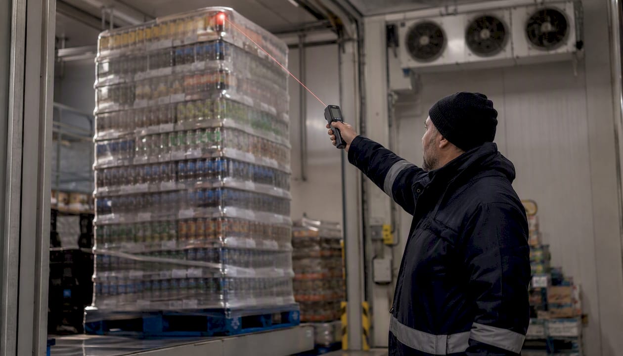 Worker measuring pallet height in warehouse
