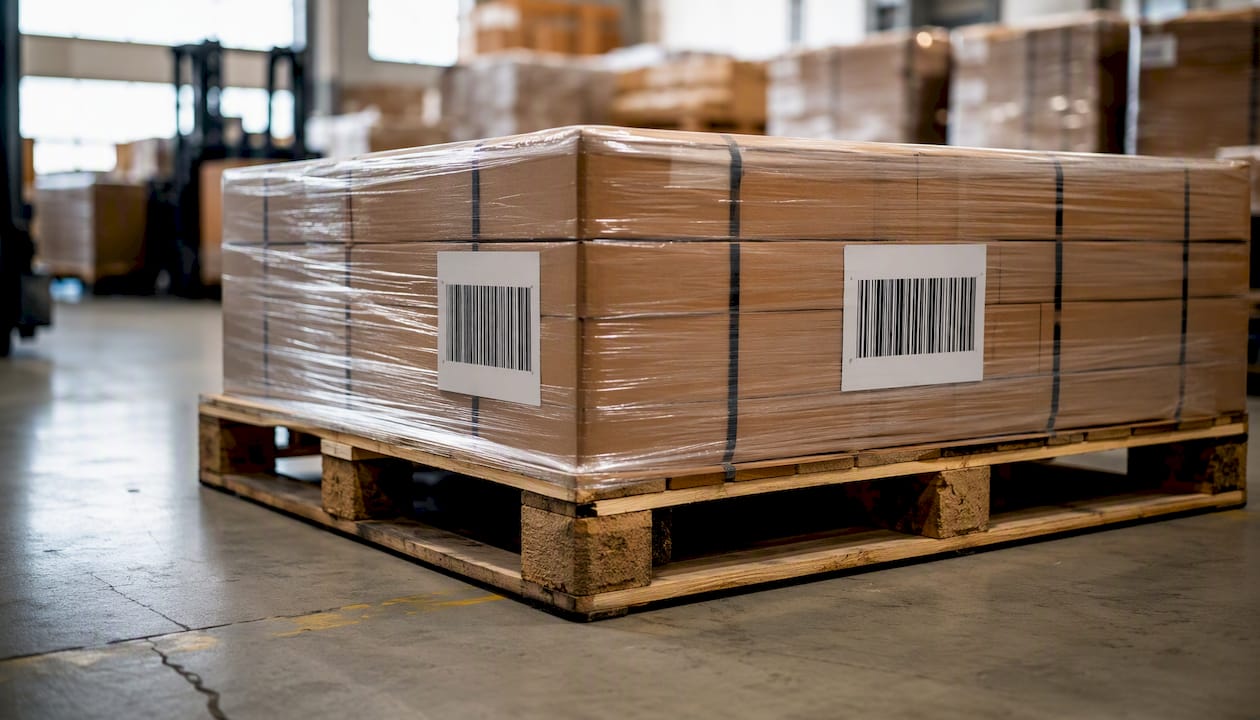 GS1 barcode labels on grocery pallet