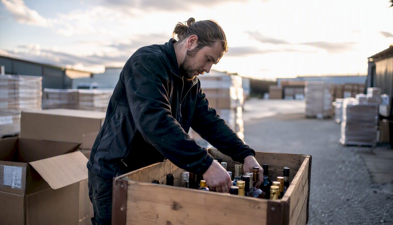 Warehouse worker packing alcohol orders
