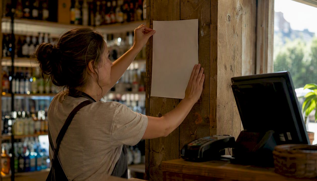 Staff setting up age verification poster