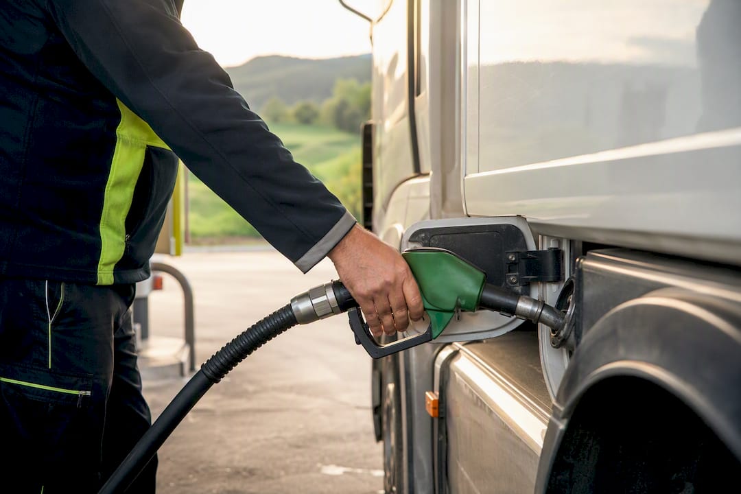 Close-up of fueling HGV with green fuel nozzle