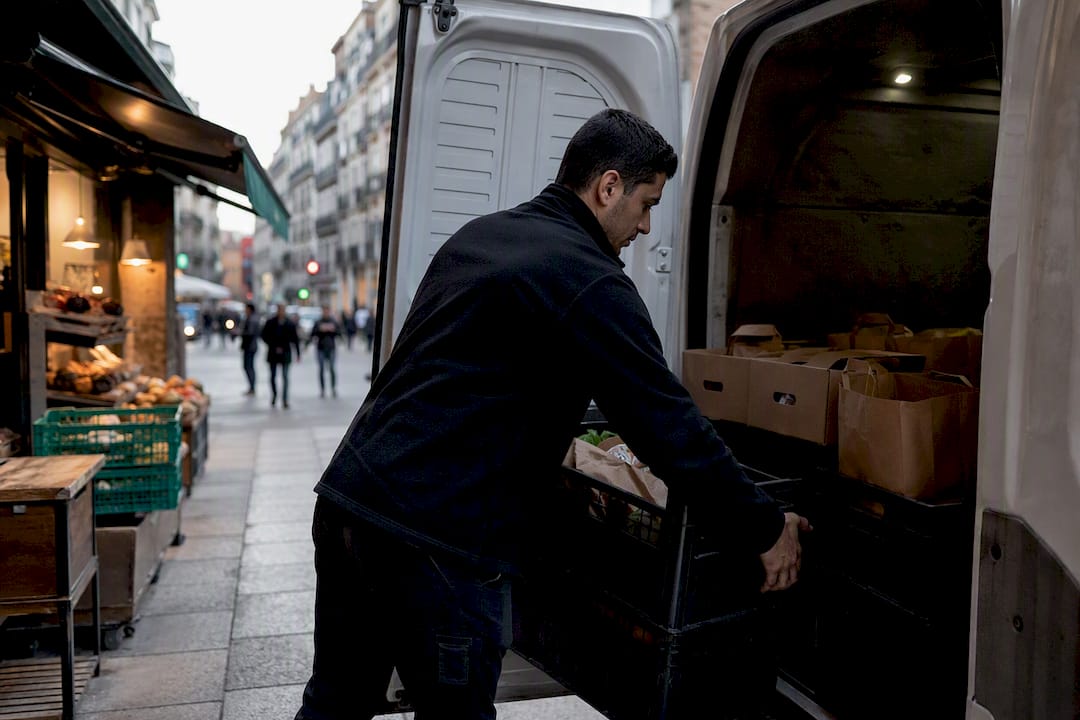 Driver stacking grouped food delivery boxes