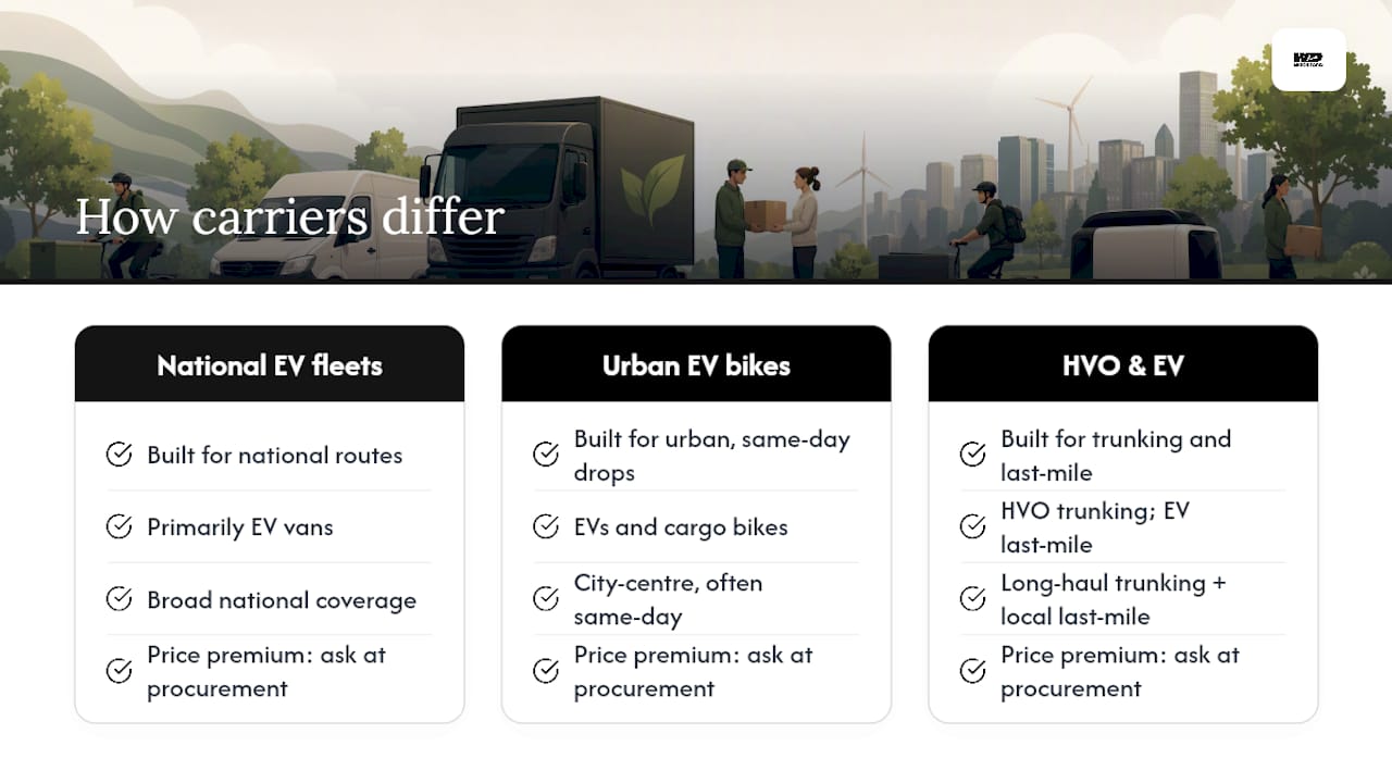 Diagram comparing sustainable delivery carriers by criteria