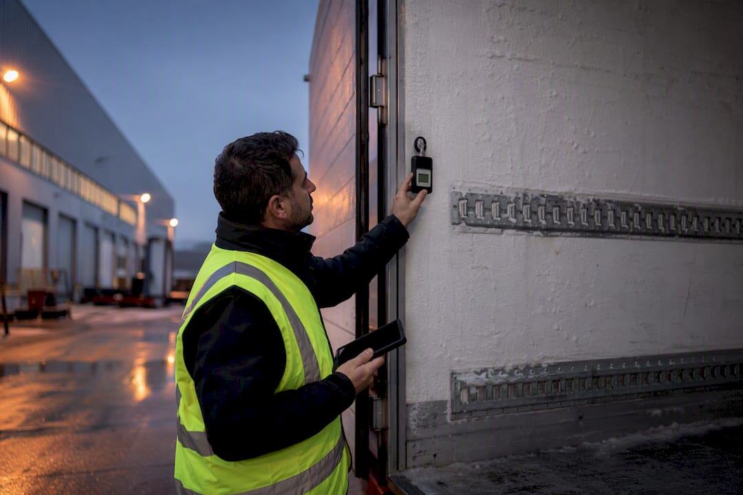 Technician checking temperature logger inside refrigerated truck