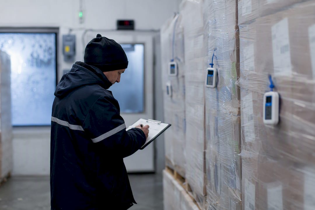 Technician checking temperature logger in cold storage