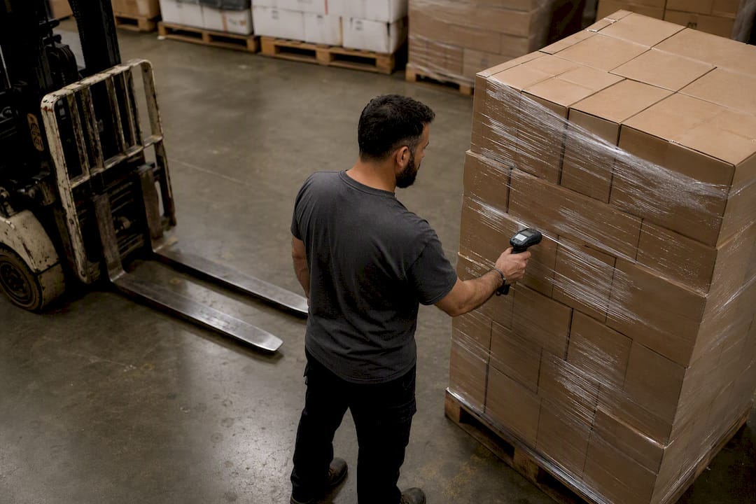 Worker scanning pallet barcode in warehouse