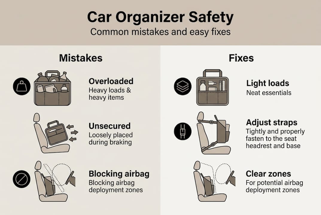 Infographic showing car organizer mistakes and fixes