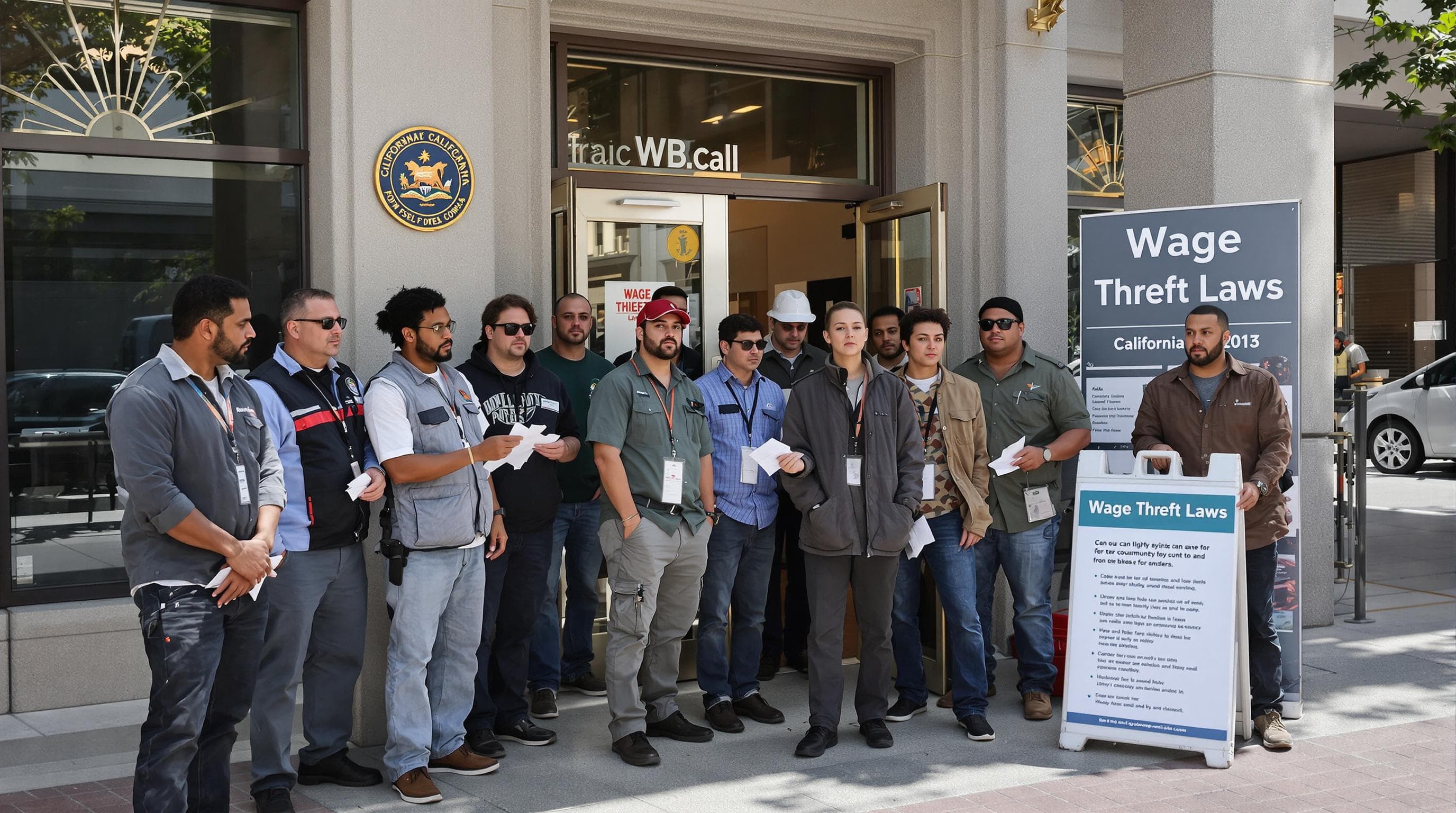 California workers outside a state building discussing wage theft laws