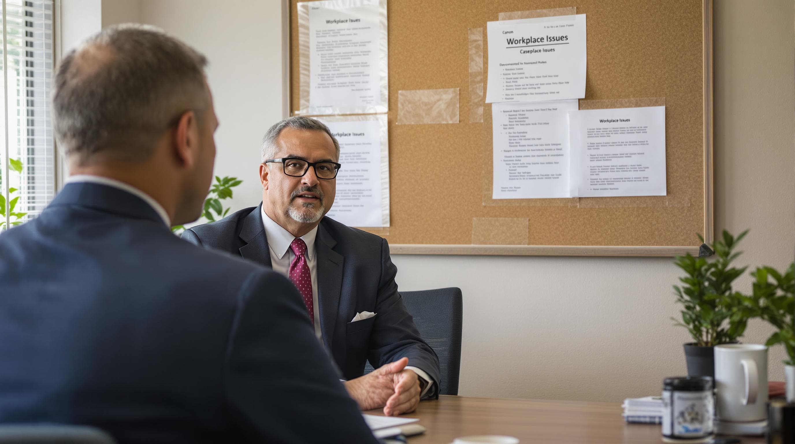 Free Consultation Lawyer and employee discussing workplace legal issues with 'Workplace Issues' bulletin board