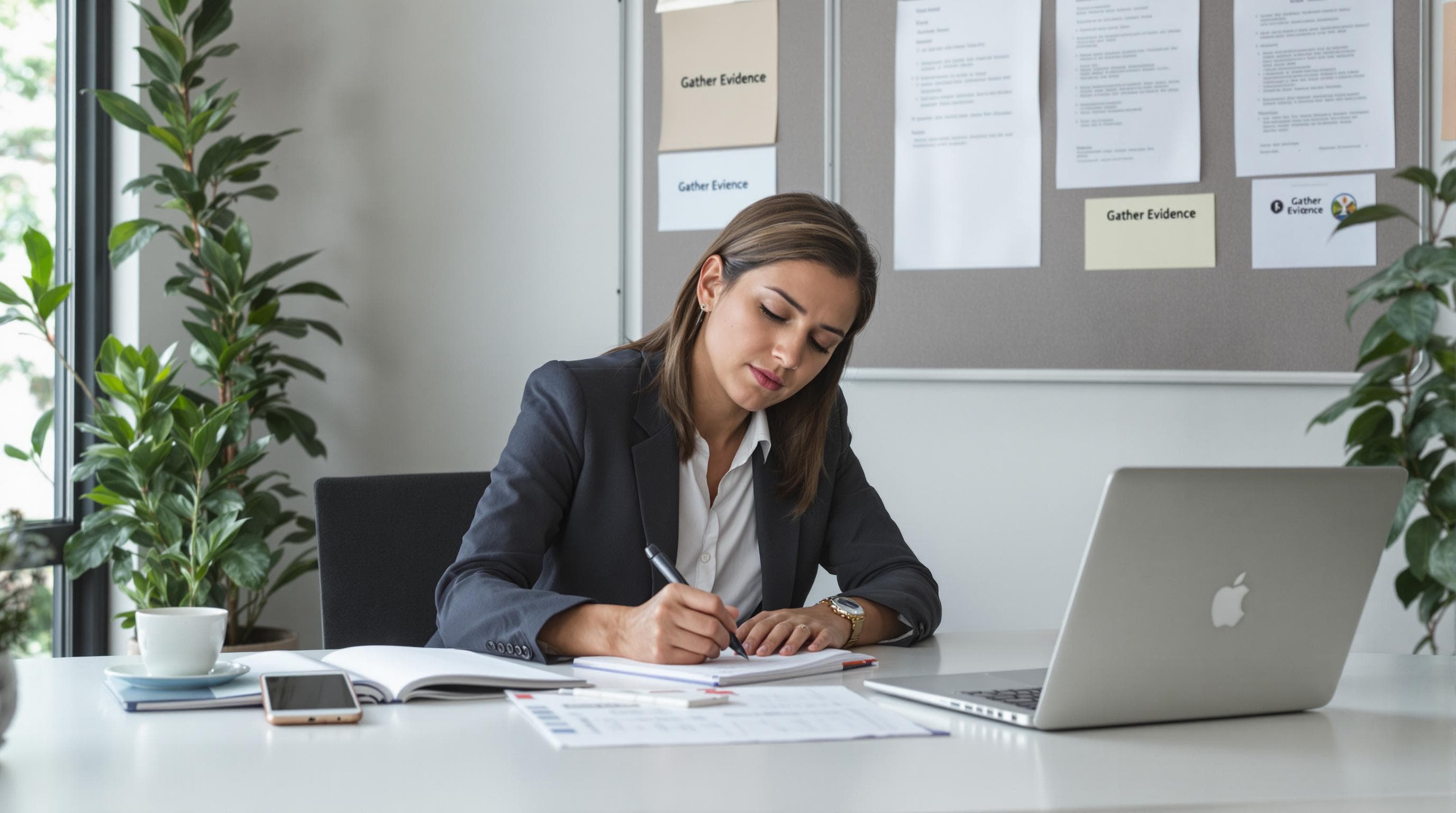 Worker gathers evidence for demotion claim at office table