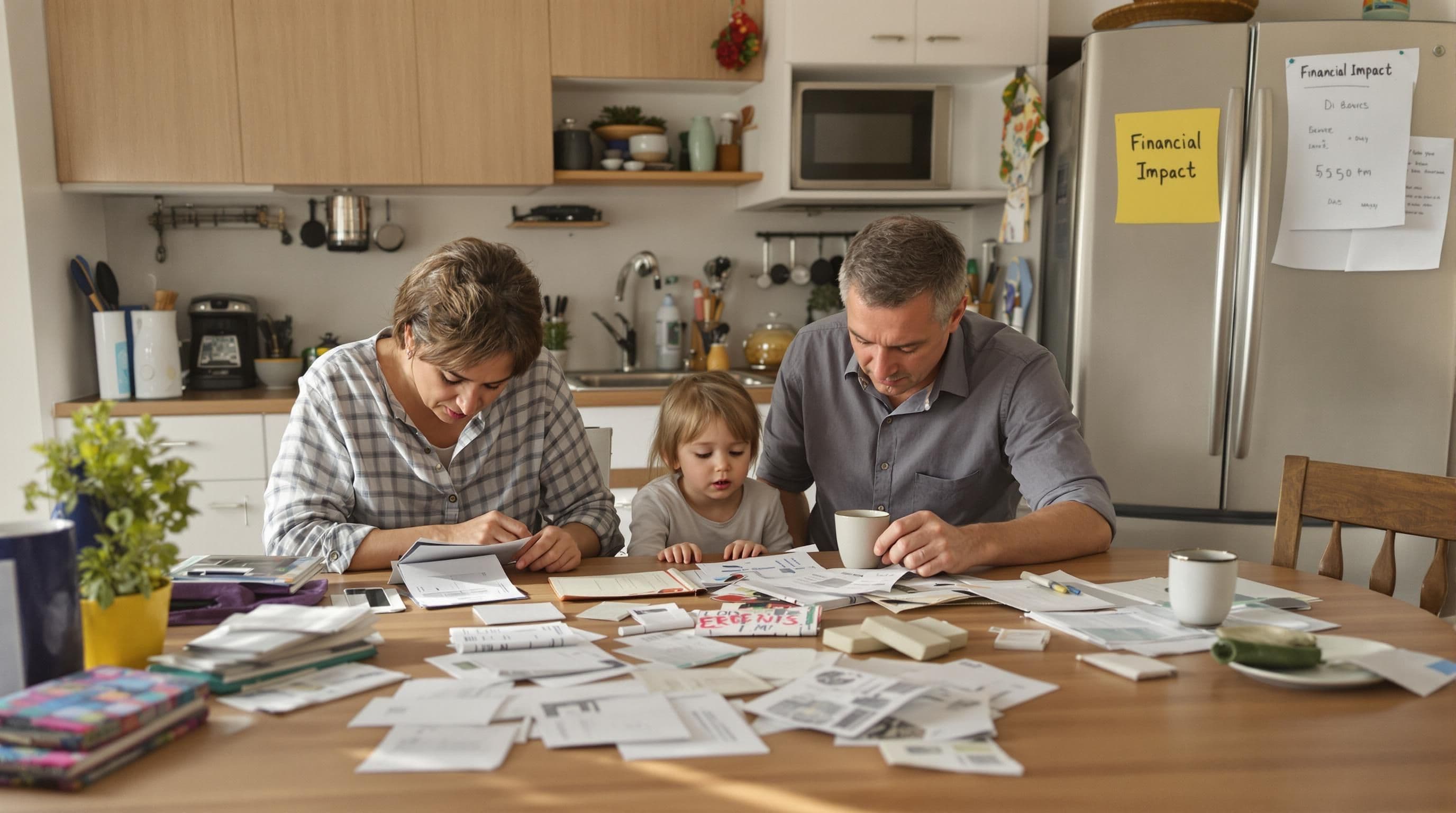 California family reviews bills in kitchen with lost wages note on fridge