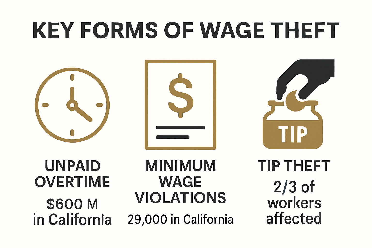 Infographic showing types of wage theft in California
