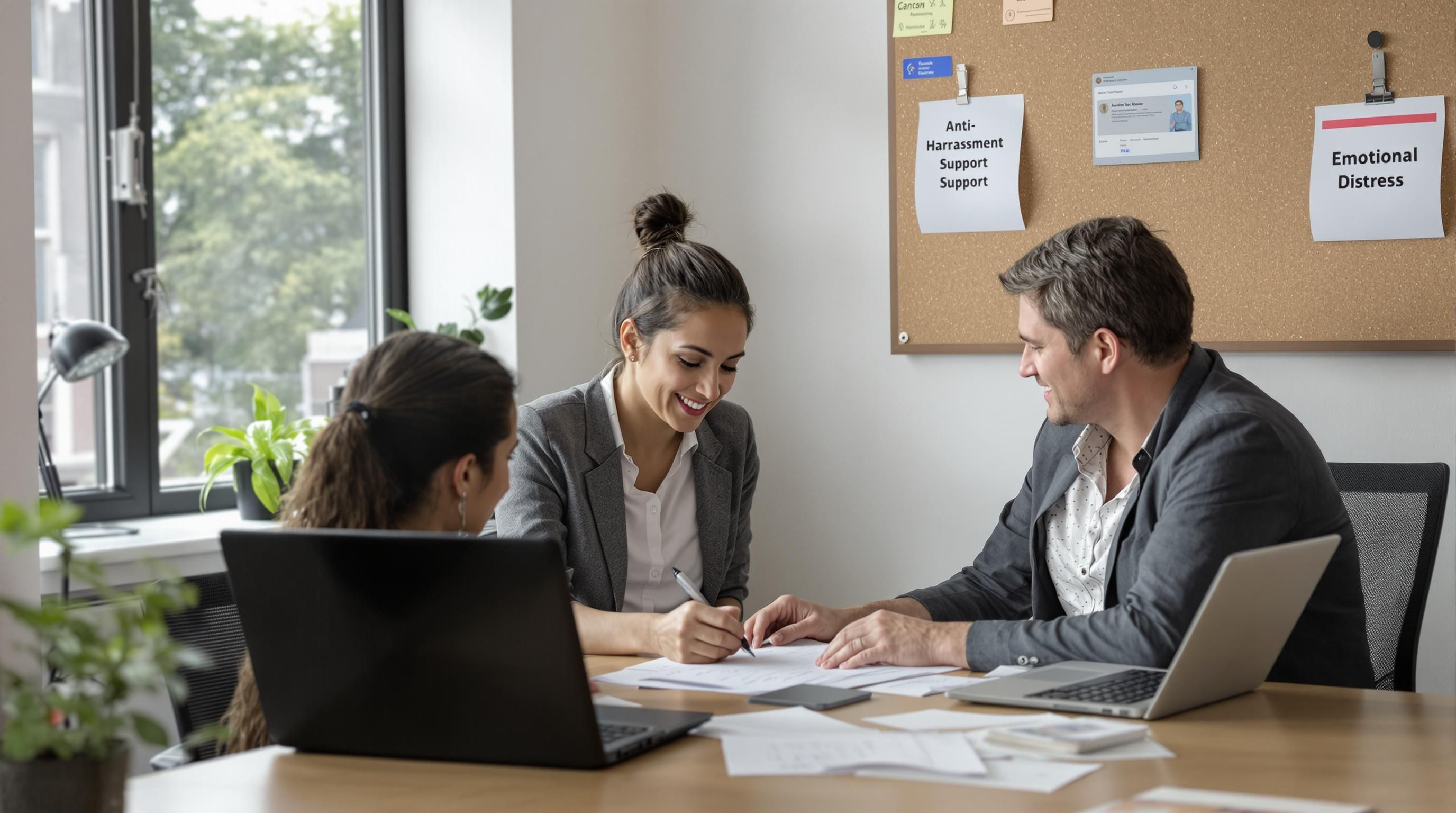 Colleagues in office review harassment evidence, with 'Anti-Harassment Support' flyer and 'Emotional Distress' on laptop.