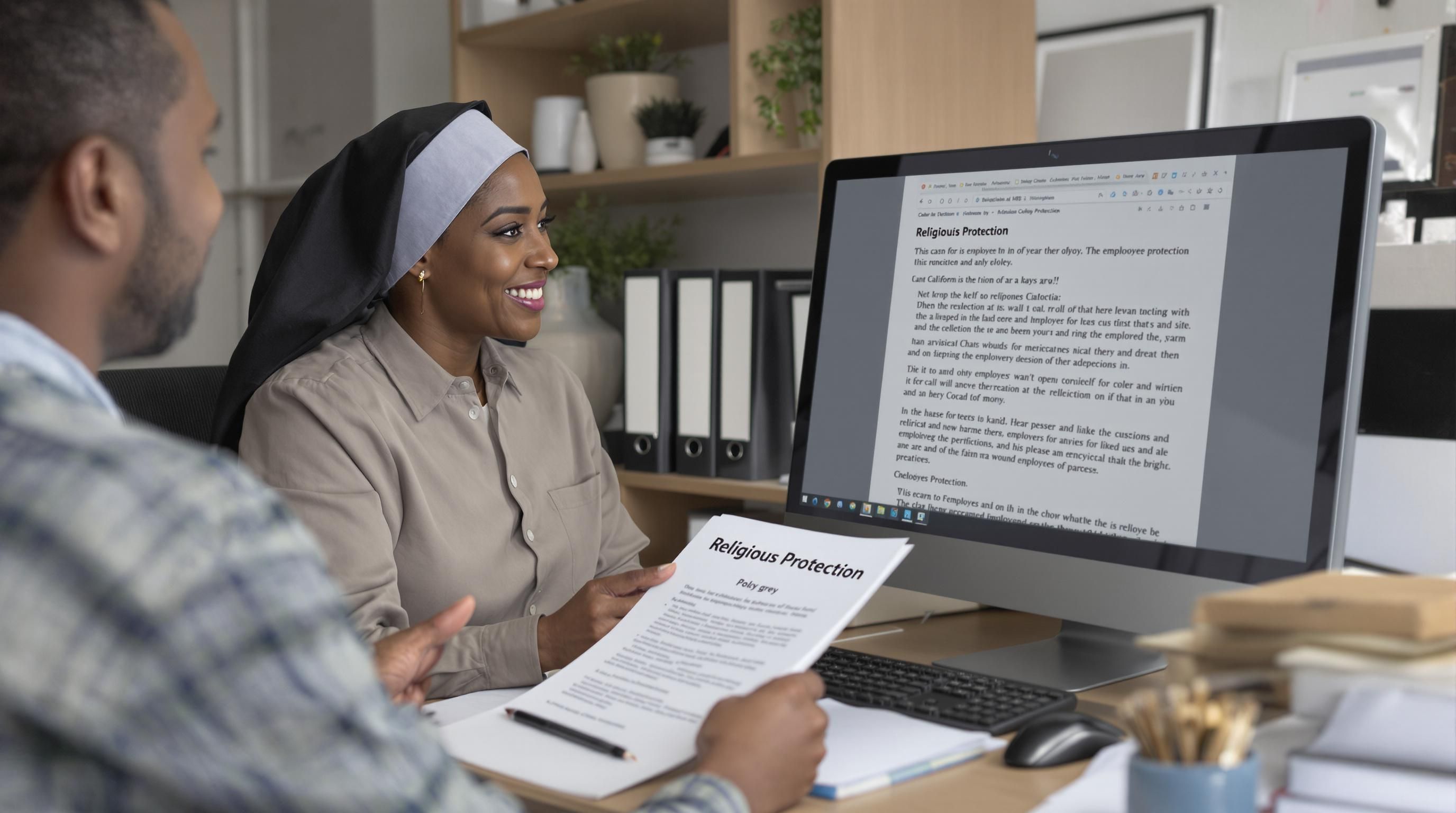 California HR manager and employee reviewing religious accommodation documents with 'Religious Protection' visible on screen