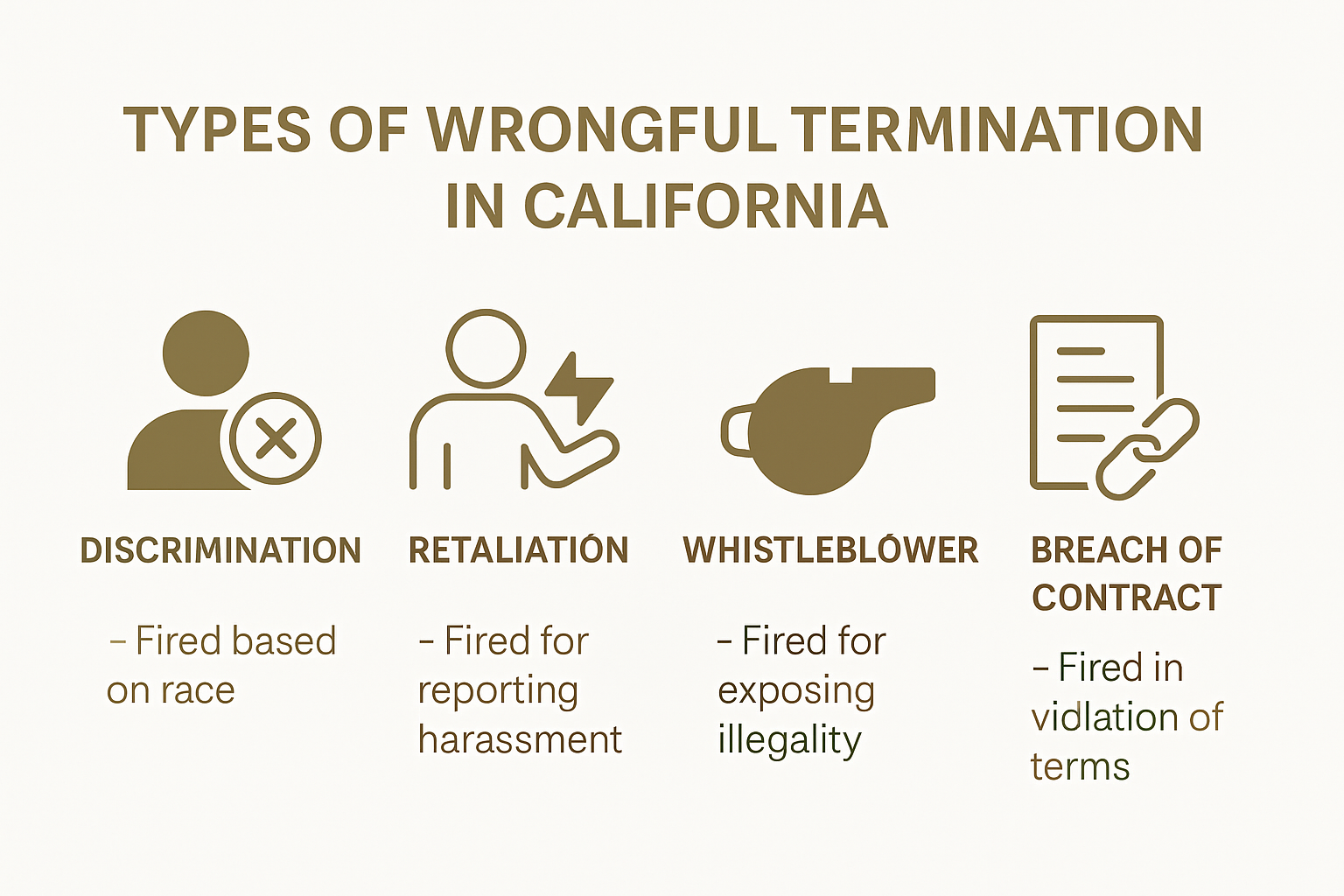 Infographic explaining types of wrongful termination in California