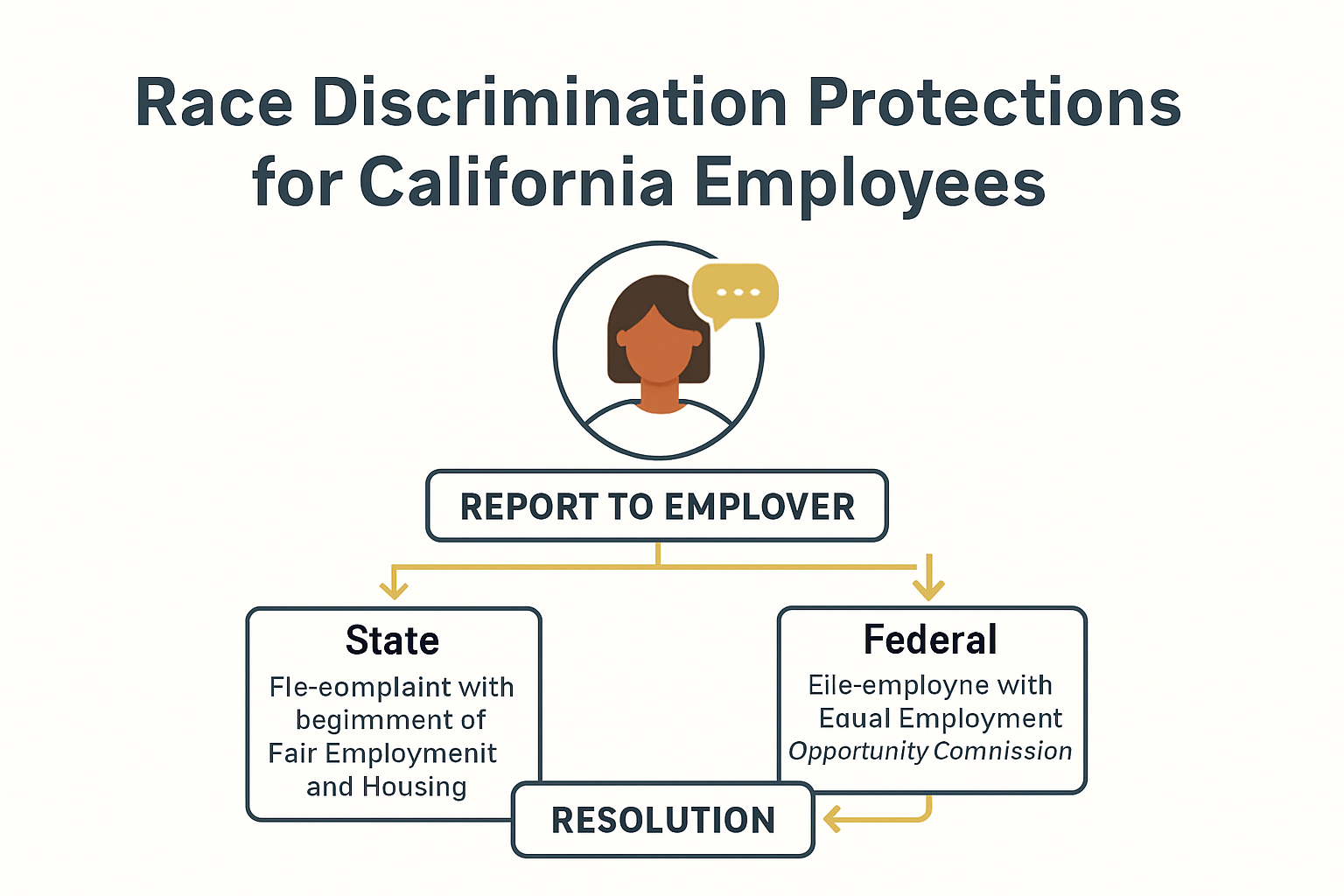 Infographic visualizing California legal protections and reporting process for workplace race discrimination