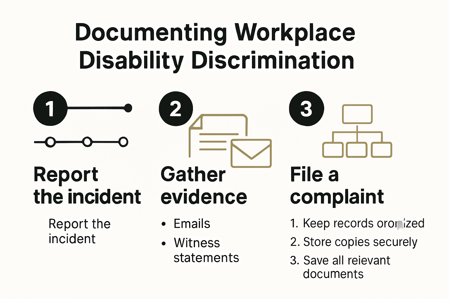 Infographic showing steps to document workplace disability discrimination