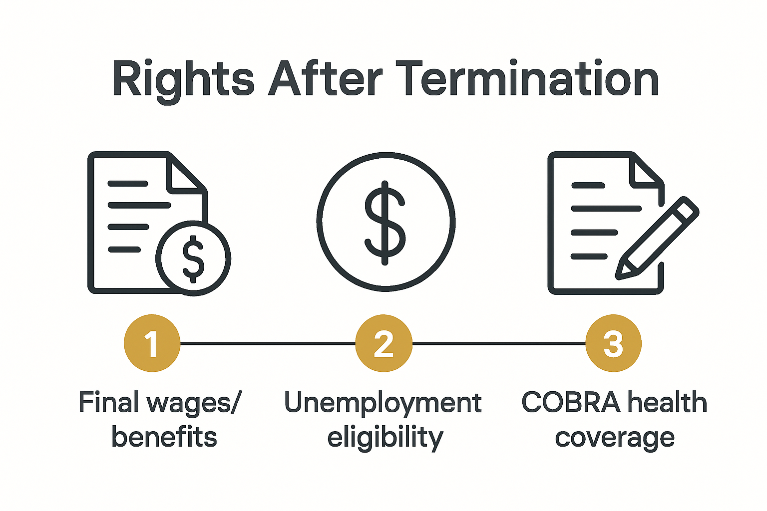Infographic showing post-termination employee legal protections and action steps