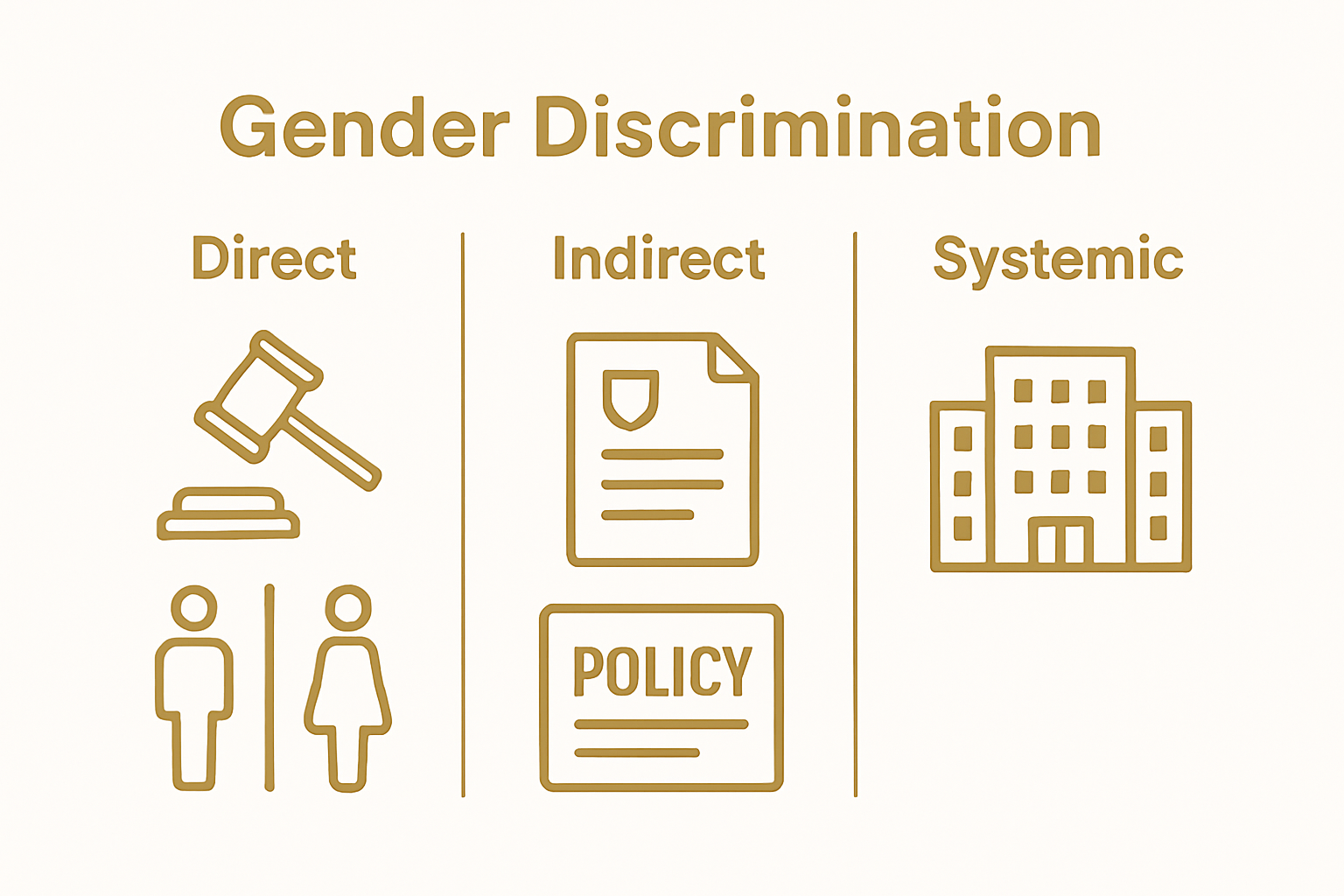 Comparison chart showing direct, indirect, and systemic gender discrimination types