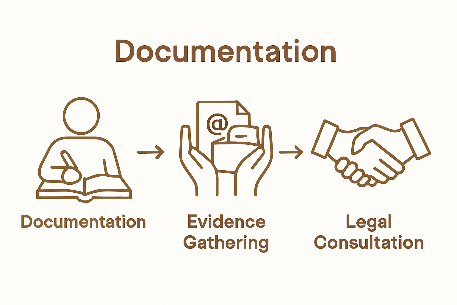 Infographic of three steps: documentation, evidence gathering, and legal consultation