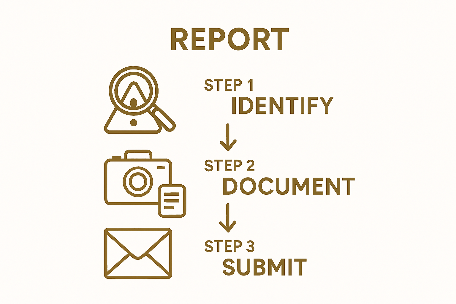 Infographic showing three steps to report unsafe work conditions: identify, document, and report