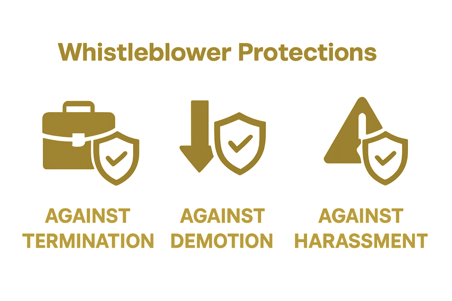 Three simple icons illustrating whistleblower protections against termination, demotion, and harassment.