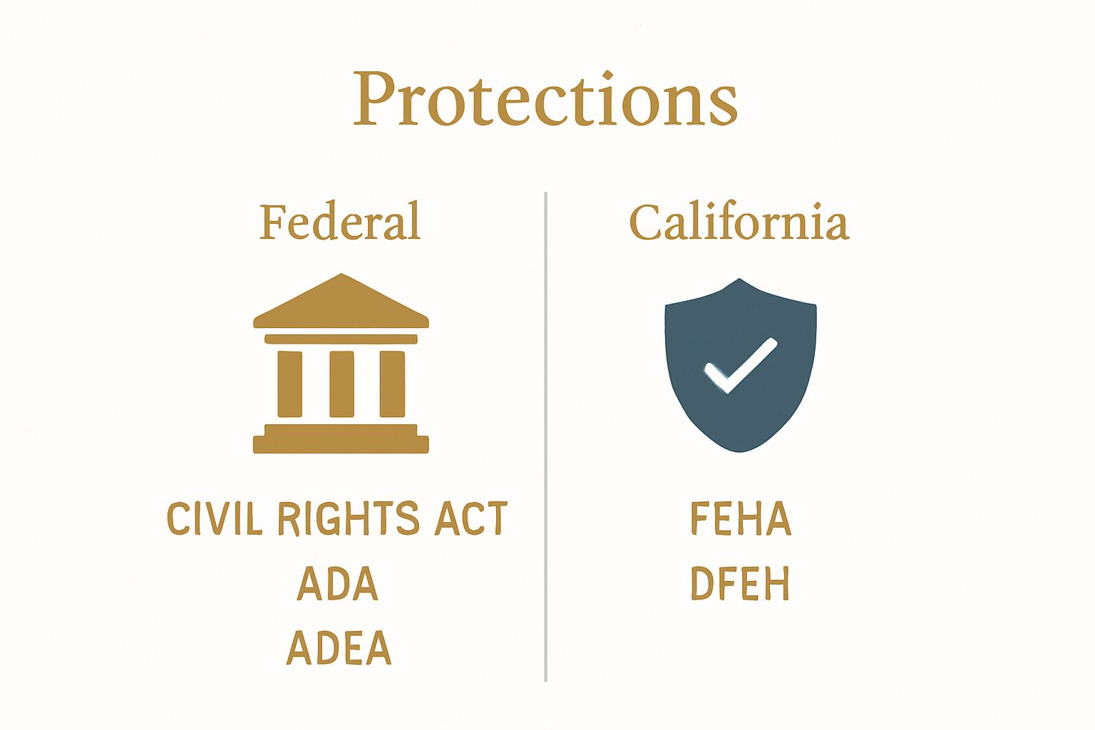 Infographic comparing federal and California workplace discrimination protections