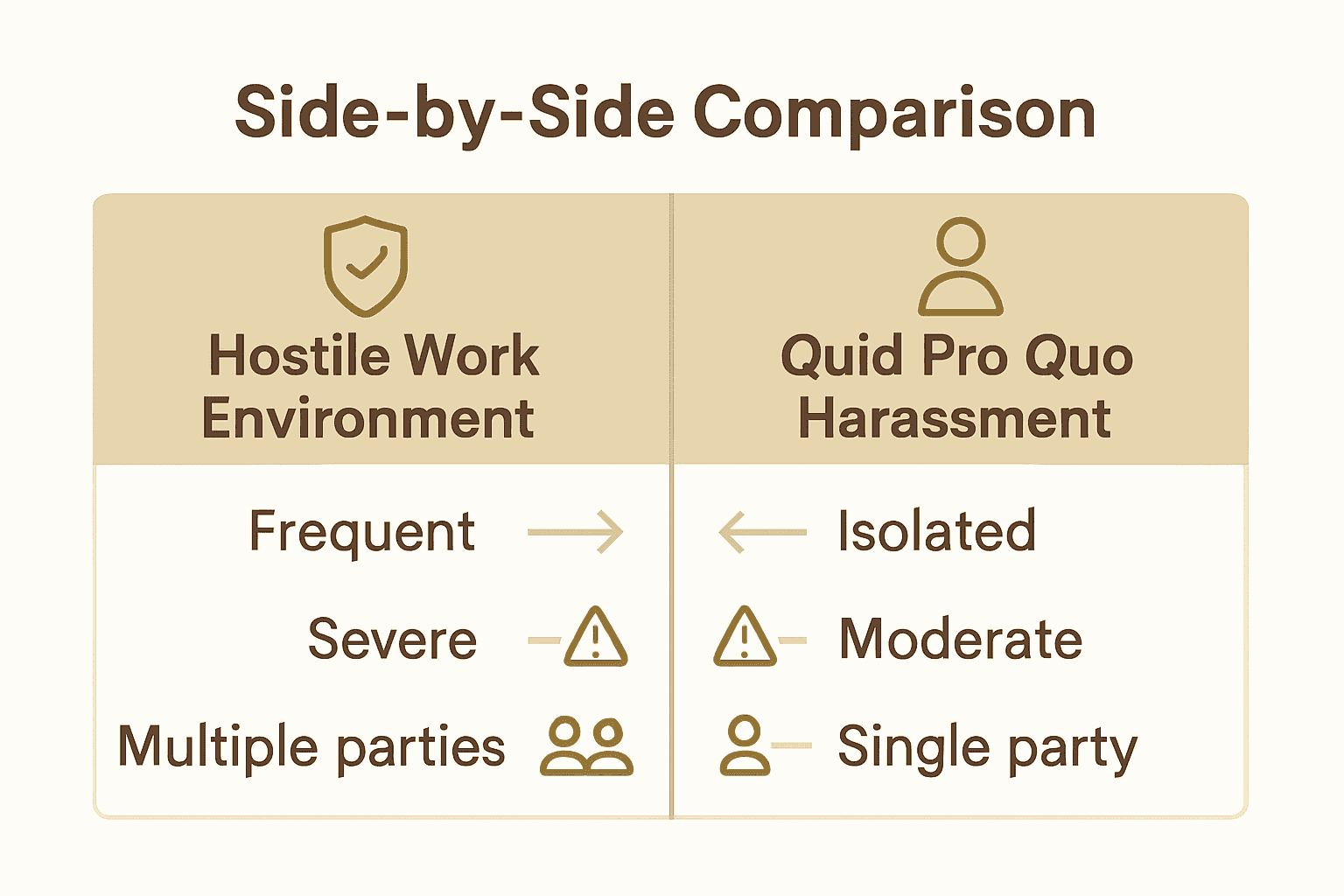Infographic comparing hostile work environment and quid pro quo harassment.