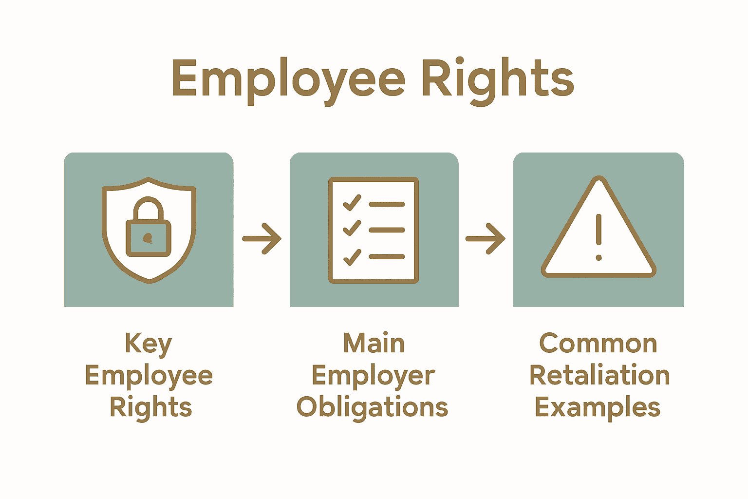 Infographic comparing employee rights, employer obligations, and retaliation examples.
