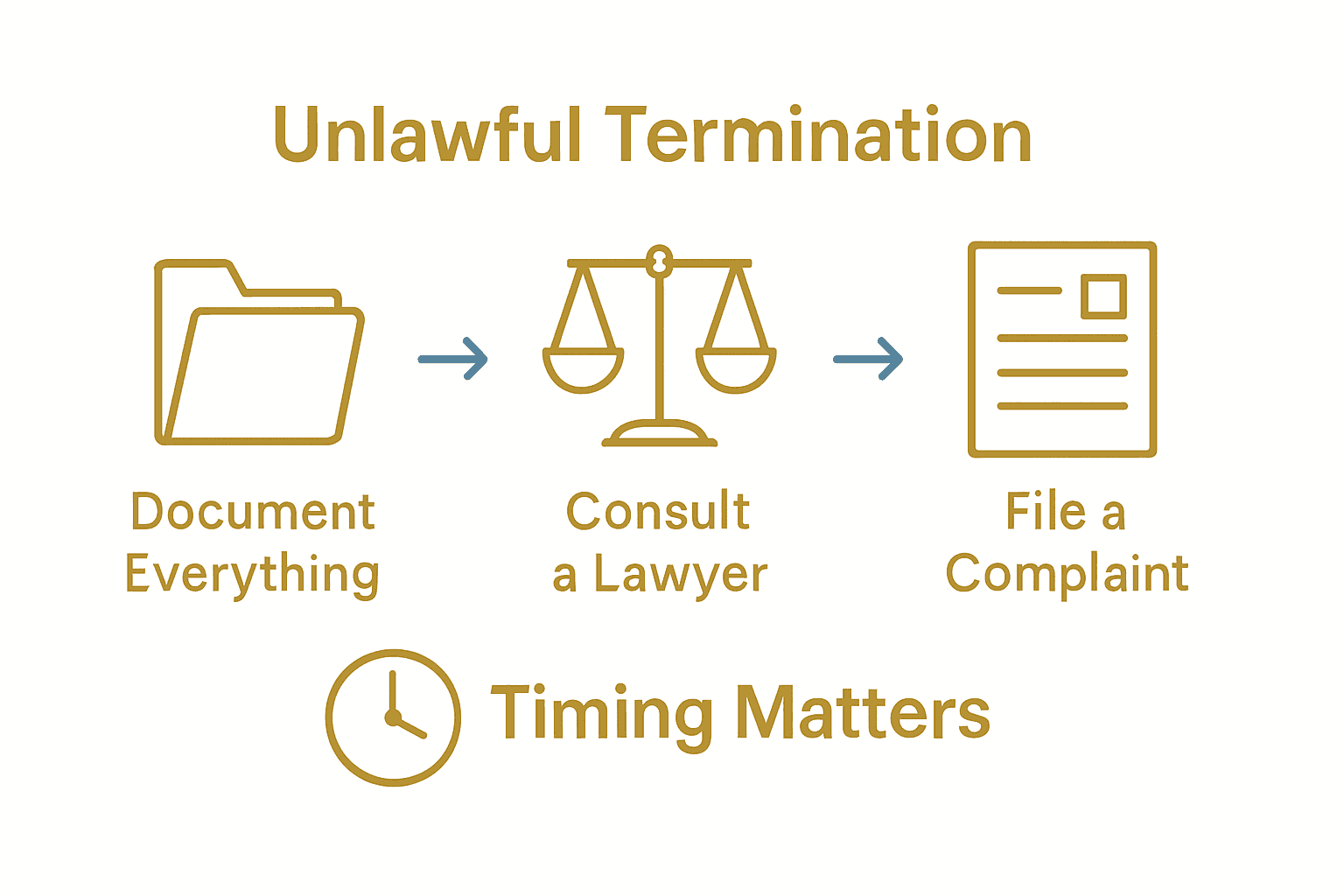 Infographic showing steps after unlawful termination in California.