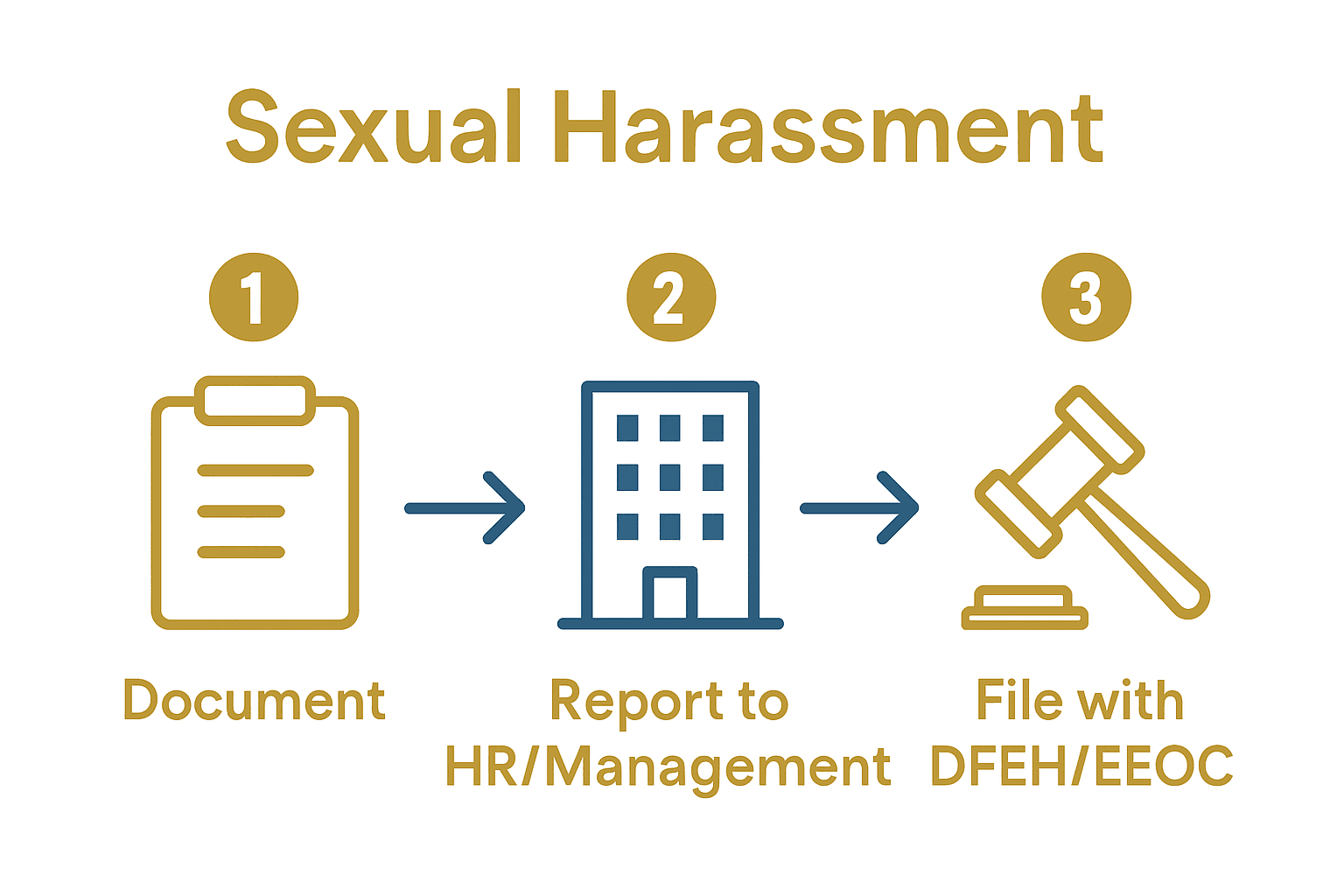 Infographic showing documentation, internal reporting, and filing complaints process for sexual harassment.