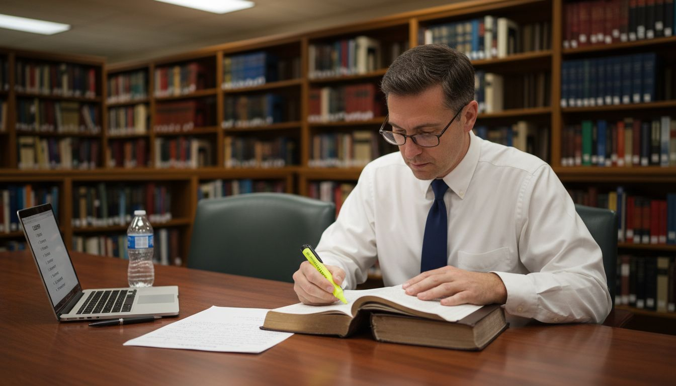 Attorney reviewing labor law book in library